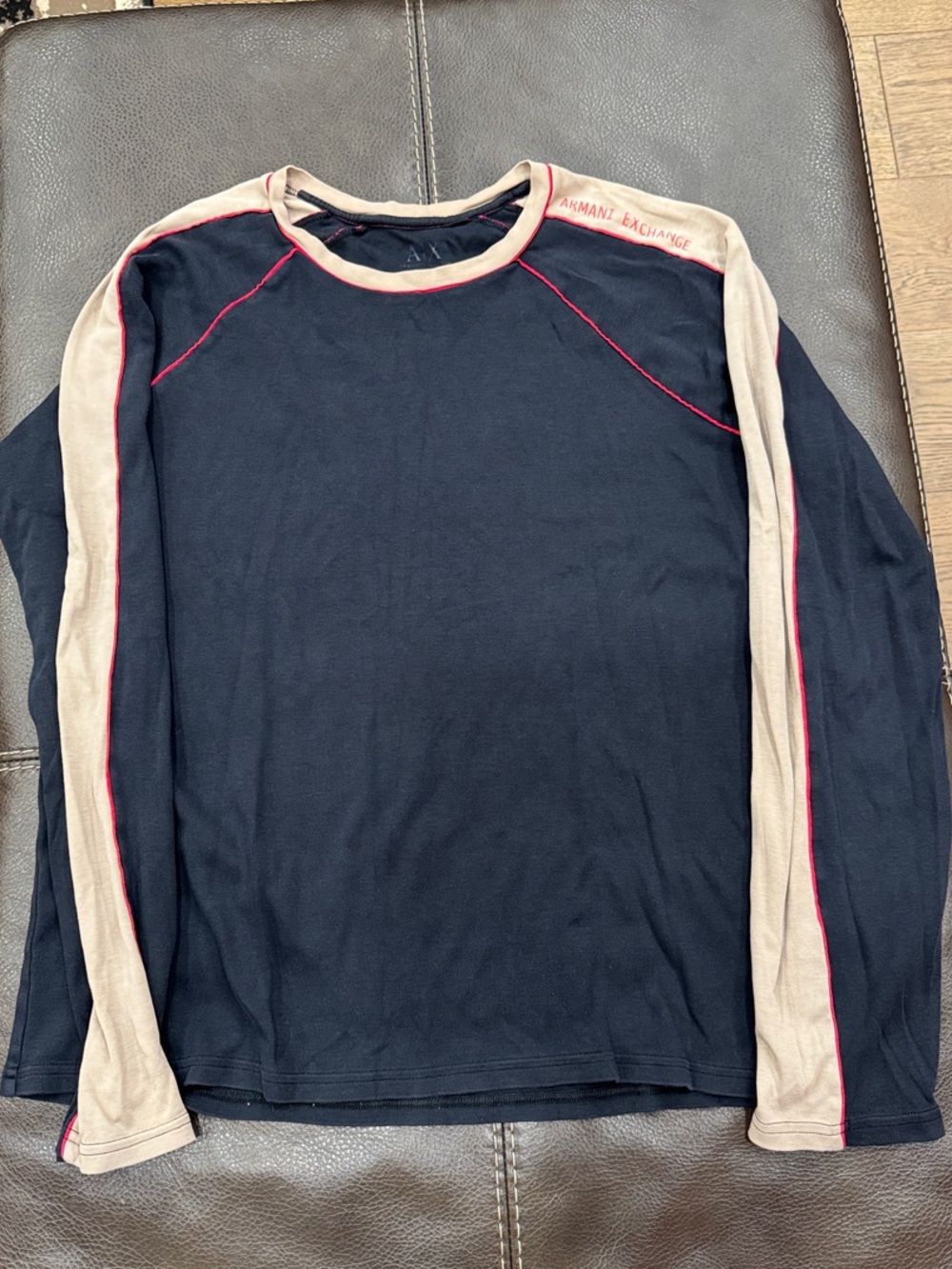 Armani Exchange Navy Long-Sleeve Crewneck with Beige Panels and Pink Piping
